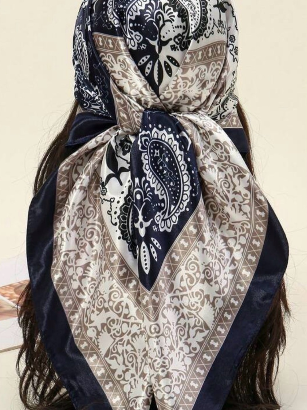 Classic Paisley Square Scarf - Navy & Beige